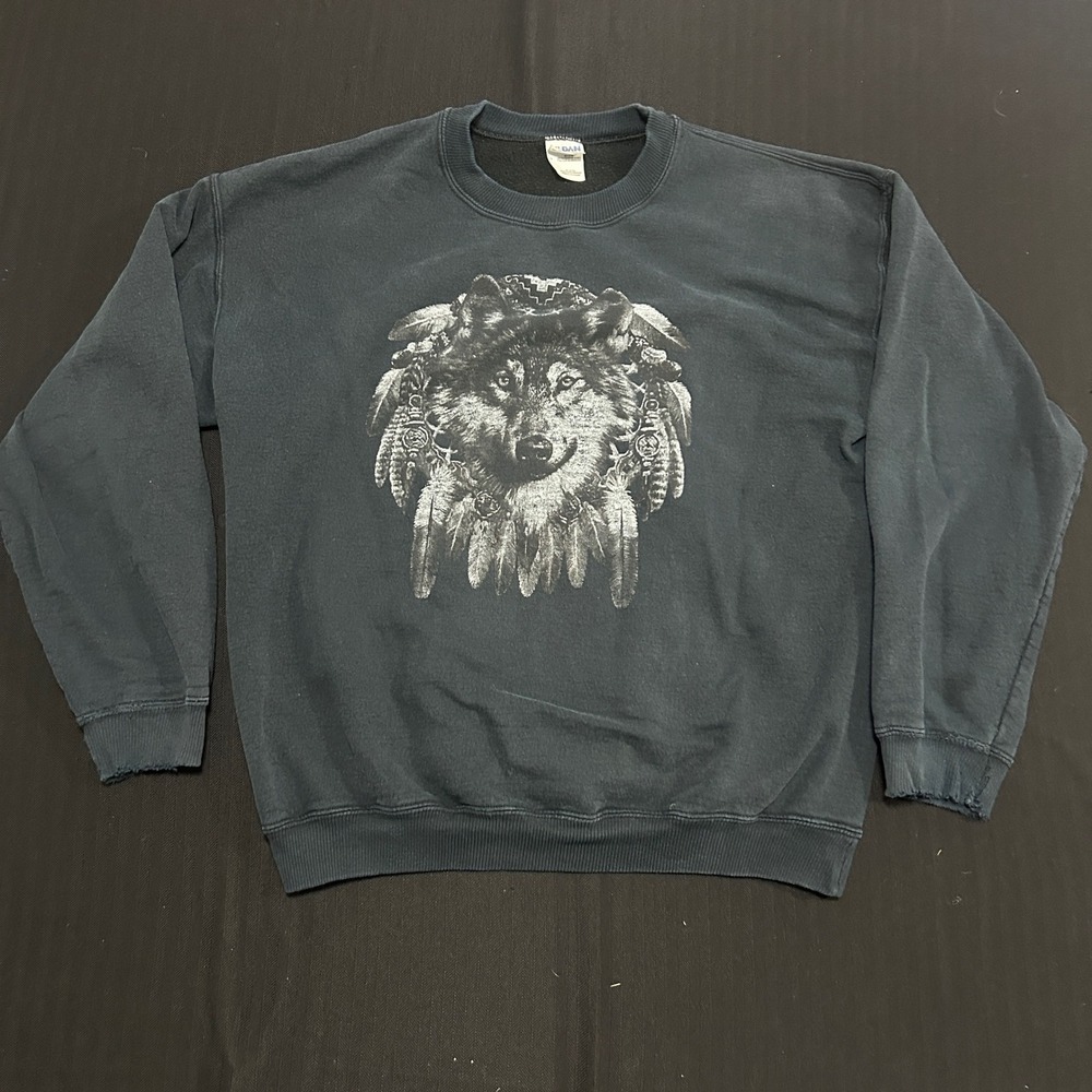 Gildan Ultra Cotton Wolf Graphic Sweatshirt Faded Black Y2K Nature Large